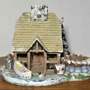 PartyLite Creamic Gone Fishin Log Cabin Tea Light Candle Holder